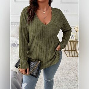 SHEIN Women’s Size XL Olive Green Rib Knit Long Sleeve V-Neck Top Casual Soft
